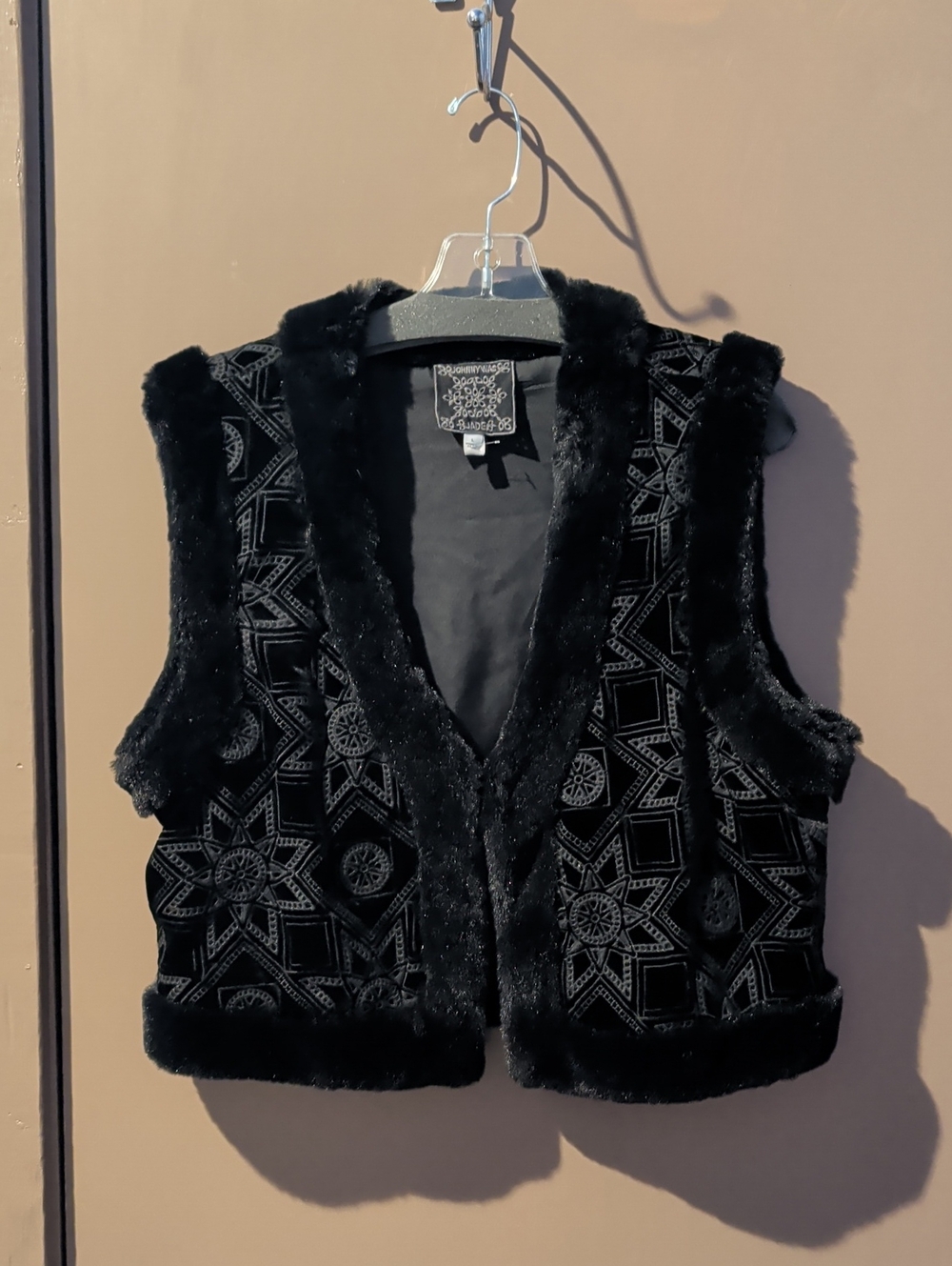 Johnny Was Black Velvet Faux Fur Trim Vest